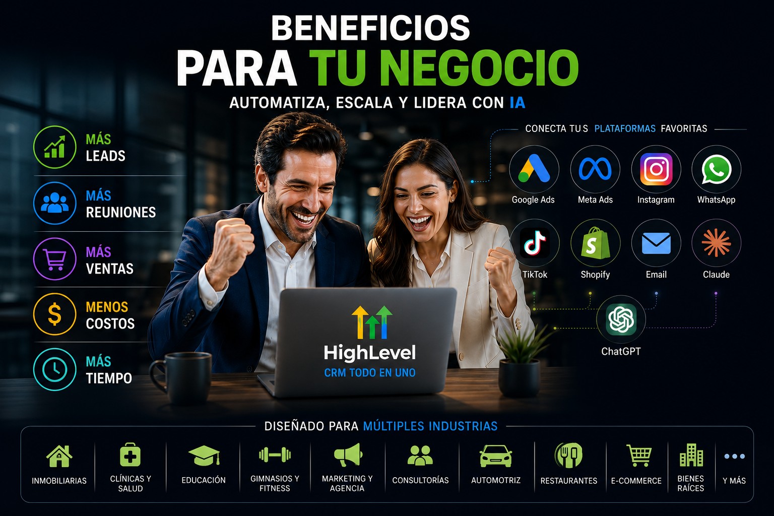 Empresarios celebrando resultados con HighLevel CRM — beneficios, plataformas e industrias