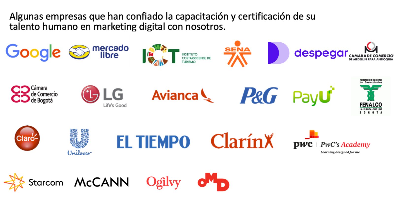 Logos de Google, Mercado Libre, LG, Avianca, P&G, PayU, Unilever, Claro, EL TIEMPO, Clarín, PwC y más marcas capacitadas por bmt